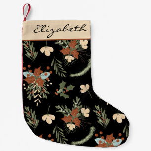 Modern Black Holly Leaves and Berries Personalized Small Christmas Stocking