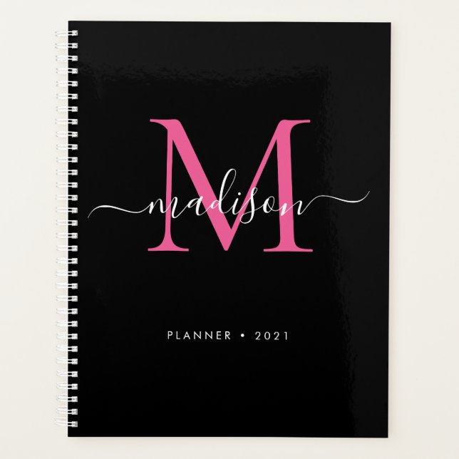 Modern Black Hot Pink Girly Monogram Script 2021 Planner (Front)