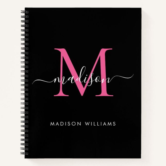 Modern Black Hot Pink Girly Monogram Script Name Notebook (Front)