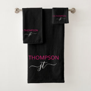 Modern Black Hot Pink Simple Script Monogram Name Bath Towel Set
