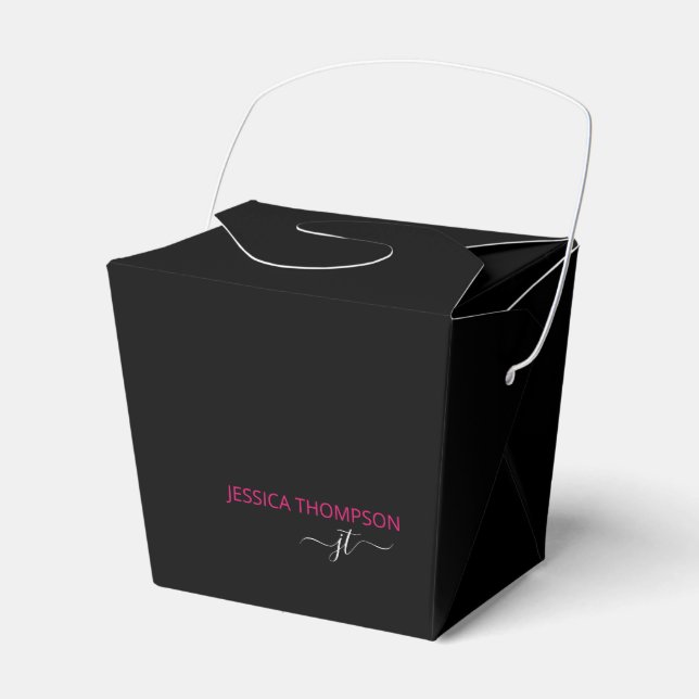 Modern Black Hot Pink Simple Script Monogram Name  Favor Box (Front Side)