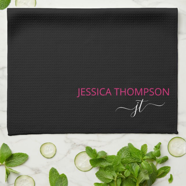 Modern Black Hot Pink Simple Script Monogram Name  Kitchen Towel (Folded)