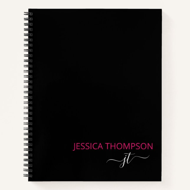 Modern Black Hot Pink Simple Script Monogram Name Notebook (Front)