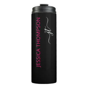 Modern Black Hot Pink Simple Script Monogram Name  Thermal Tumbler