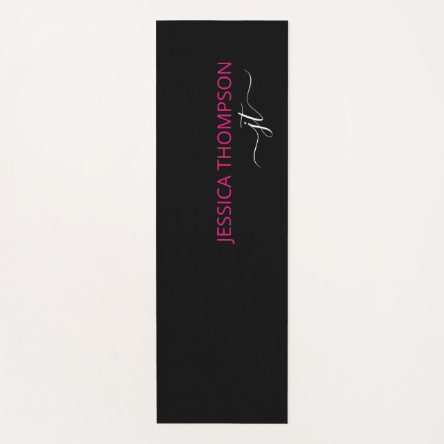 Modern Black Hot Pink Simple Script Monogram Name  Yoga Mat (Front)
