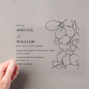 Modern Black Illustrated Floral Wedding Acrylic Invitations