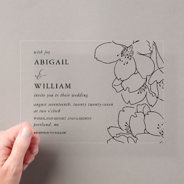 Modern Black Illustrated Floral Wedding Acrylic Invitations (Insitu (Handheld))