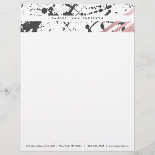 Modern Black Ink Splatter Rose Gold Stripes Letterhead