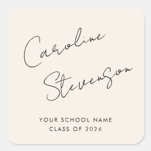 Modern Black Ivory Script Personalized Graduation Square Sticker