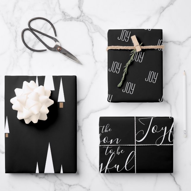 Modern Black Joyful Farmhouse Christmas Wrapping Paper Sheet (Front)