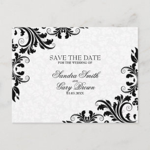 Modern Black Lace White Damask Announcement Postcard