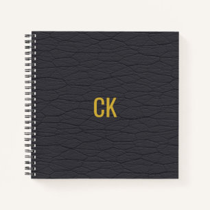 Modern Black Leather Pattern Monogram Initials Notebook