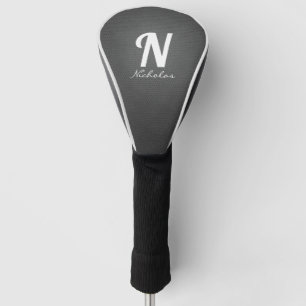 Modern Black Leather Texture White Monogram Name Golf Head Cover