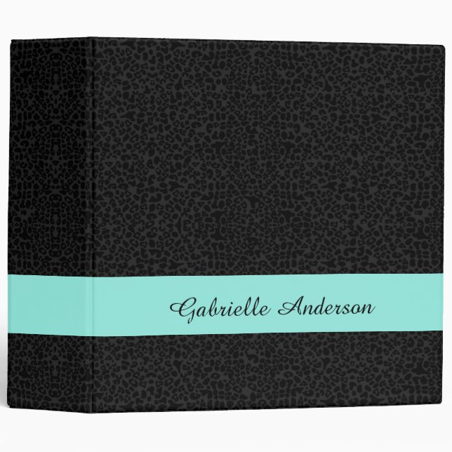 Modern Black Leopard Print Aqua Stripe With Name Binder (Front/Spine)