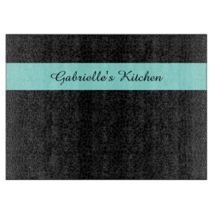 Modern Black Leopard Print Aqua Stripe With Name Cutting Board