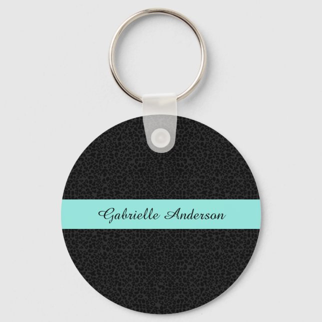 Modern Black Leopard Print Aqua Stripe With Name Keychain (Front)