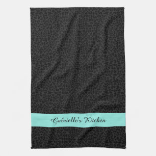 Modern Black Leopard Print Aqua Stripe With Name Kitchen Towel