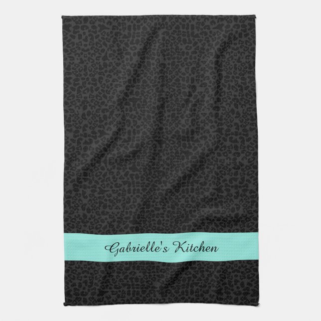Modern Black Leopard Print Aqua Stripe With Name Kitchen Towel (Vertical)