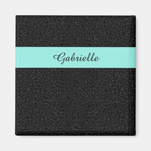 Modern Black Leopard Print Aqua Stripe With Name Magnet (Front)