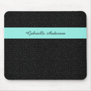 Modern Black Leopard Print Aqua Stripe With Name Mouse Pad