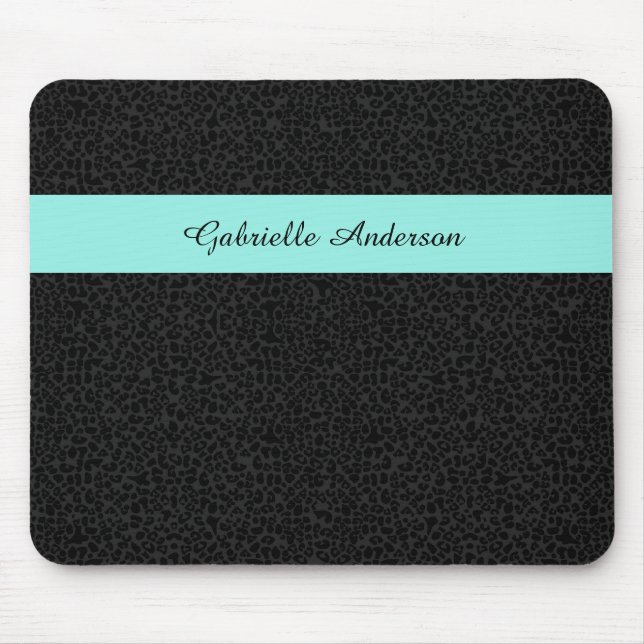 Modern Black Leopard Print Aqua Stripe With Name Mouse Pad (Front)