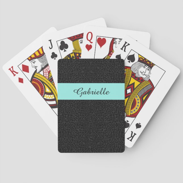 Modern Black Leopard Print Aqua Stripe With Name Playing Cards (Back)