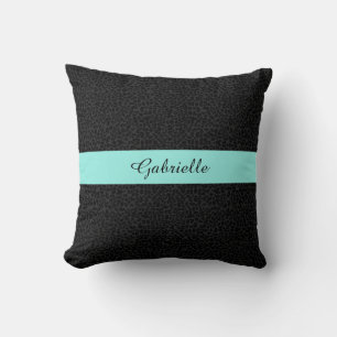 Modern Black Leopard Print Aqua Stripe With Name Throw Pillow