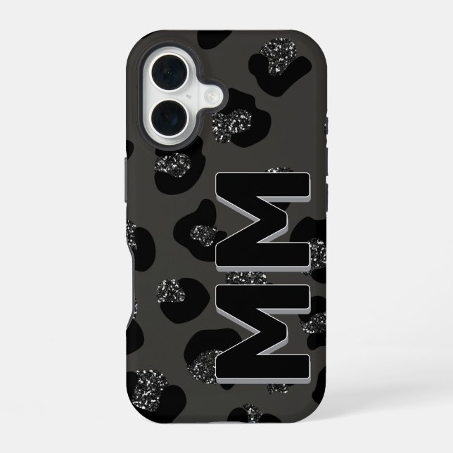 Modern Black Leopard Print Dark Shadow Monogram  iPhone 16 Case (Back)