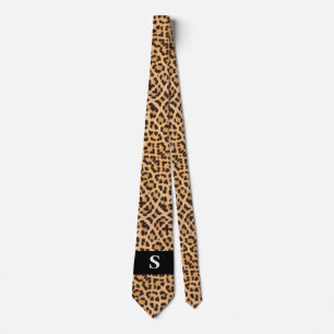 Modern Black Leopard Print Monogram Mens Tie