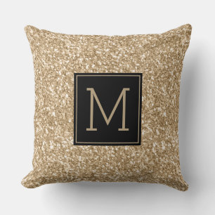 Modern Black & Light Gold Glitter Texture Monogram Throw Pillow