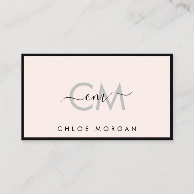 Modern black light pink script signature monogram business card (Front)