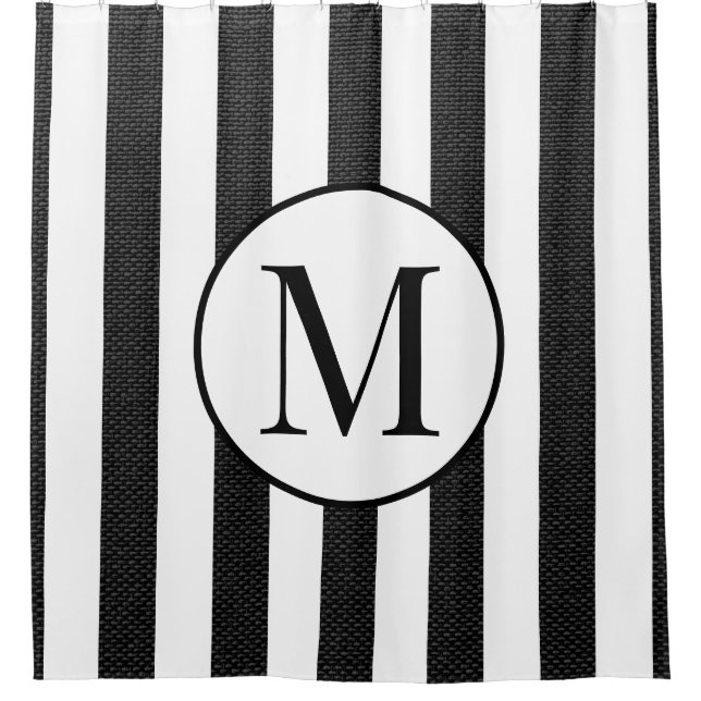 Modern Black Linen White Stripes Elegant Monogram (Front)