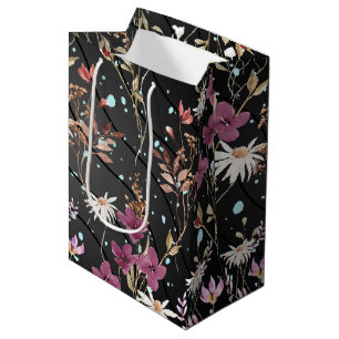 Modern Black Lines Elegant Wildflowers Medium Gift Bag