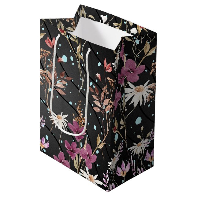 Modern Black Lines Elegant Wildflowers Medium Gift Bag (Front Angled)