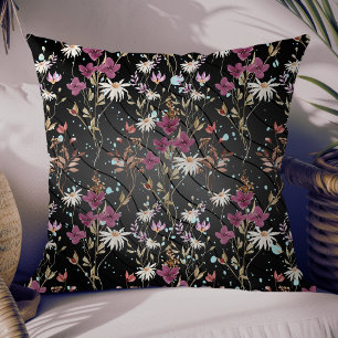 Modern Black Lines Elegant Wildflowers Throw Pillow