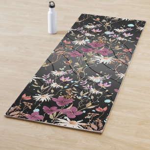 Modern Black Lines Elegant Wildflowers Yoga Mat