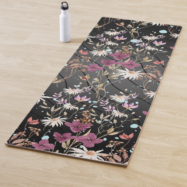 Modern Black Lines Elegant Wildflowers Yoga Mat (In Situ)