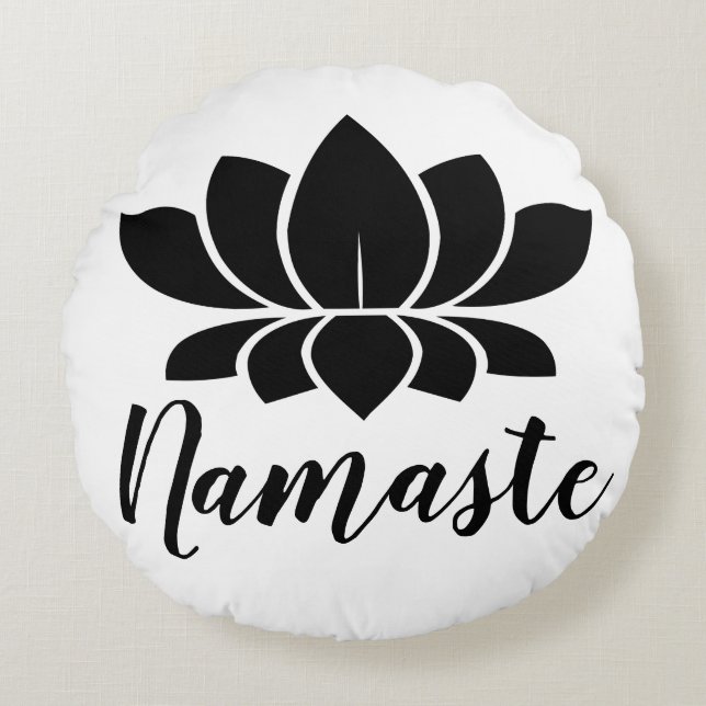 Modern Black Lotus Flower Namaste Yoga Round Pillow (Front)