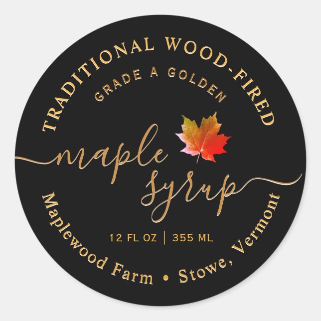 Modern Black Maple Syrup Label Leaf Script (Front)