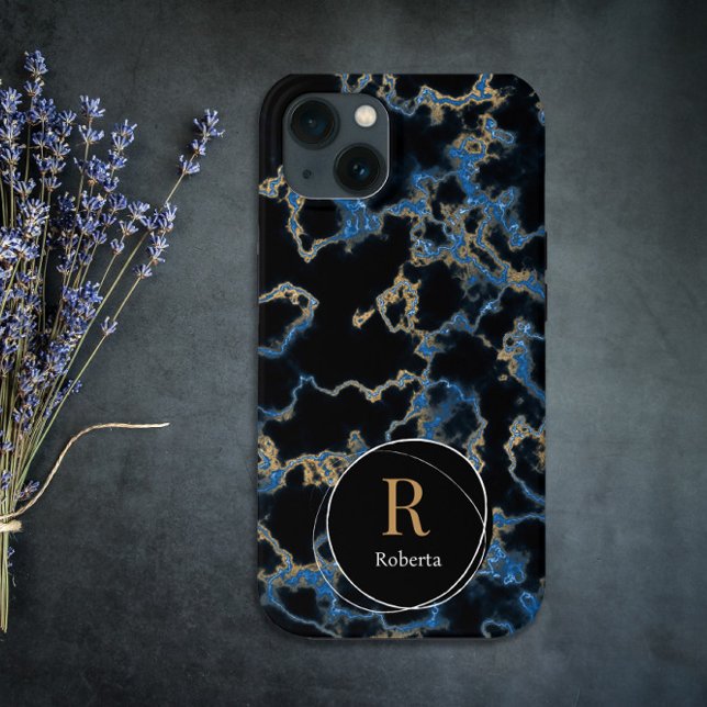 Modern black marble Custom Name Monogram Case-Mate iPhone Case (Creator Uploaded)