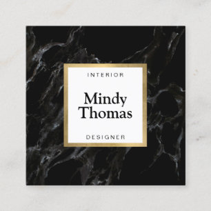 Modern Black Marble Faux Gold Frame Square Business Card