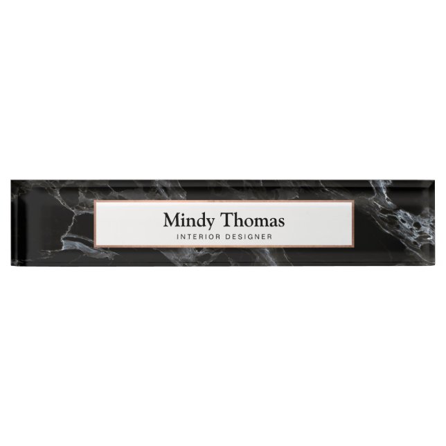 Modern Black Marble Faux Rose Gold Frame Nameplate (Front)