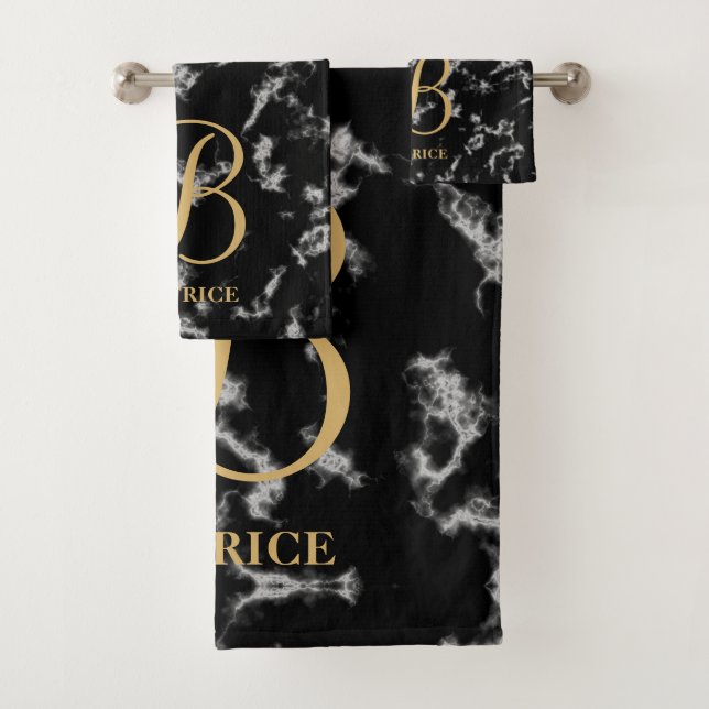 Modern black marble gold typography name monogram bath towel set (Insitu)