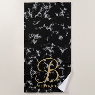 Modern black marble gold typography name monogram beach towel