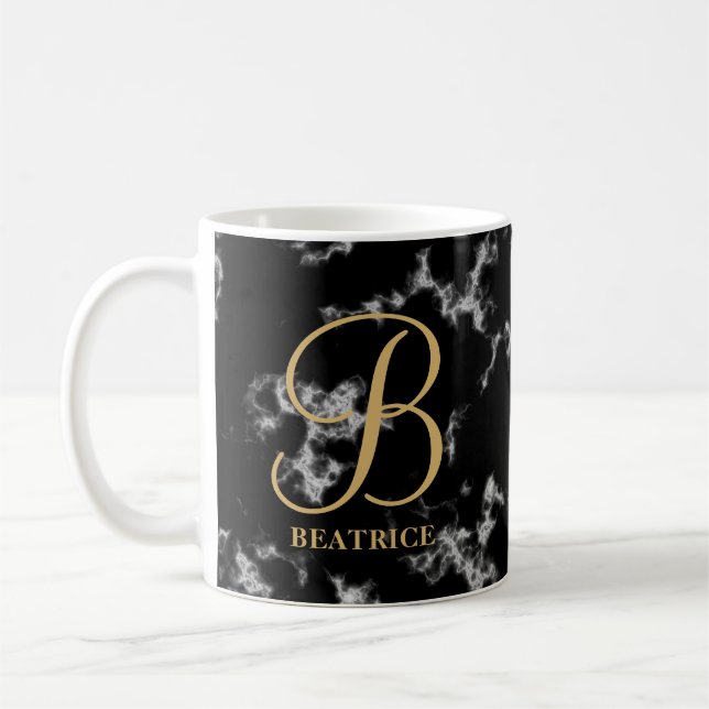 Modern black marble gold typography name monogram coffee mug (Left)