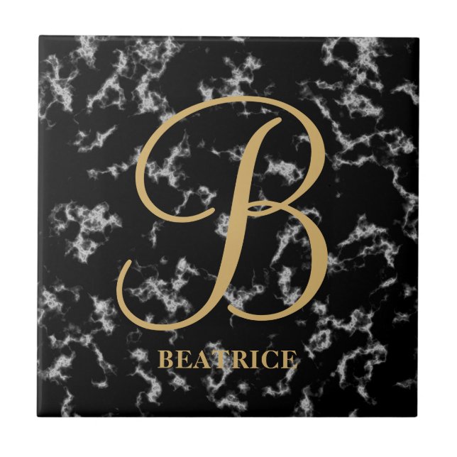 Modern black marble gold typography name monogram tile (Front)