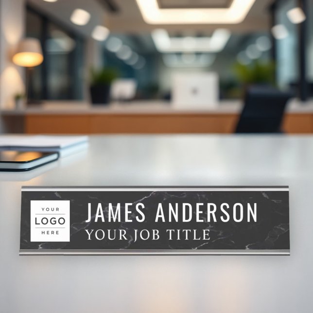 Modern Black Marble Personalized Business Logo Desk Name Plate (Creator Uploaded)