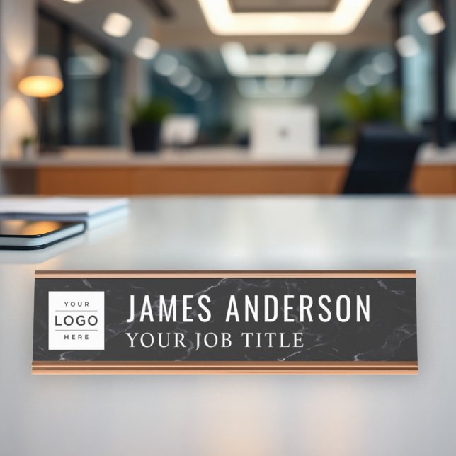Modern Black Marble Personalized Logo Desk Name Plate (Creator Uploaded)