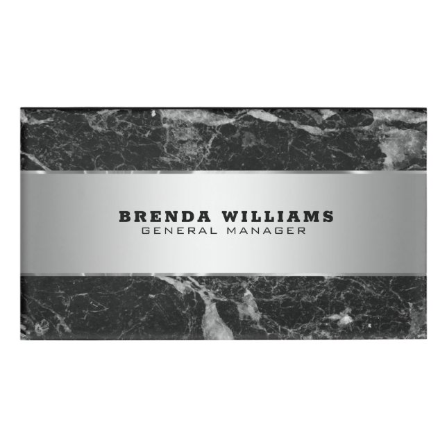 Modern Black Marble Silver Stripe Accent Name Tag (Front)