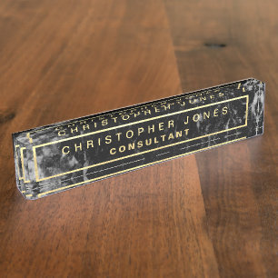 Modern Black Marble Stone Look Gold Title Nameplate
